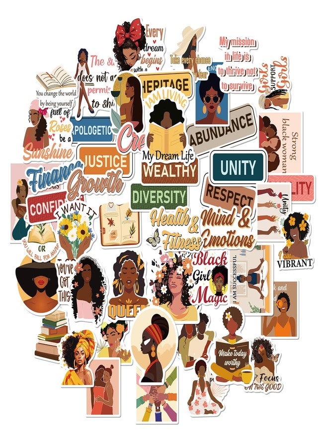 AFRITEE Black Girls Bulk Stickers - 50 Pcs Inspirational Quotes Vision Board Supplies for Women, Confident Equality Proud Vinyl Waterproof Decals DIY Diary Wish Suitcase Decoration Gift for Girl - Image 2